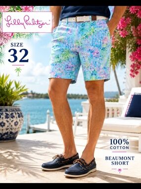 Lilly Pulitzer Men Beaumont Bermuda Short Tropical Print Blue Pink Cotton 32